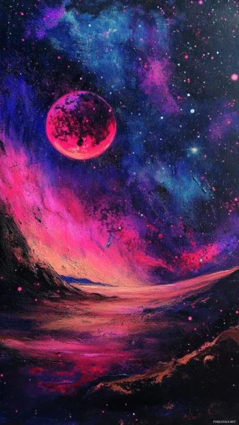 Galactic vista painted in glowing red neon, Red neon galaxy background.