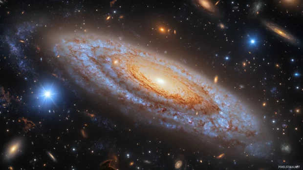 Galaxy spirals rotating in a distant cosmic scene.