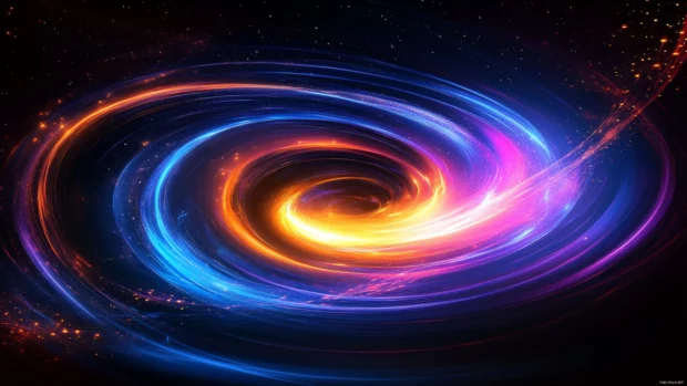 Galaxy swirling in deep dark neon colors, Abstract dark neon light art.