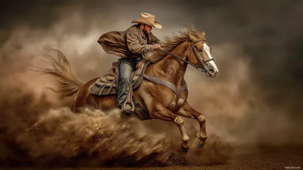 Galloping cowboy in field, dust rising, wind blown coat.