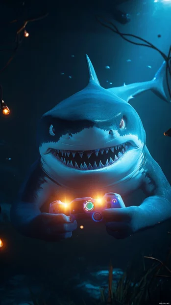 Gamer shark holding controller with LED sea lights.