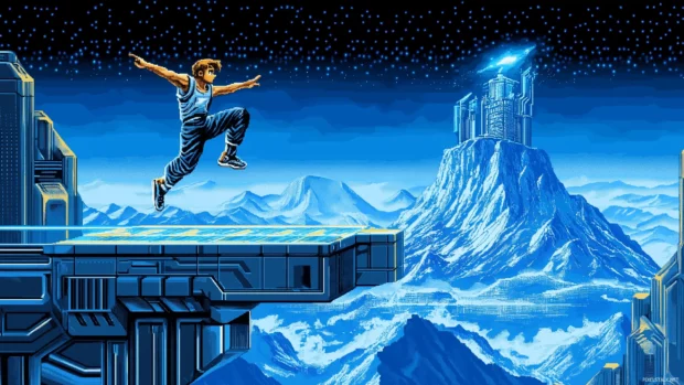 Gaming inspired wallpaper, 8 bit style, pixel obstacles, neon futuristic platform.