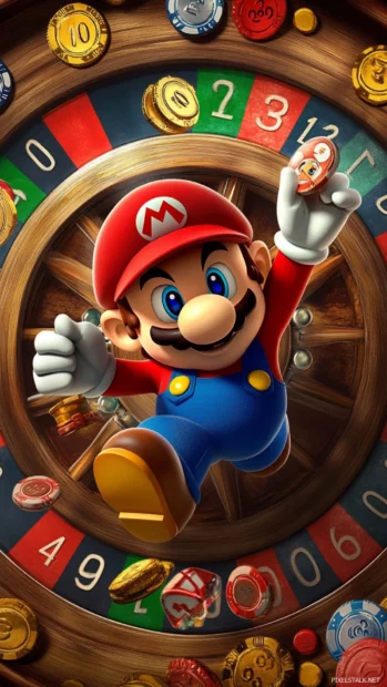 Gaming phone wallpaper Mario, featuring a power up roulette wheel spinning rapidly with various items.