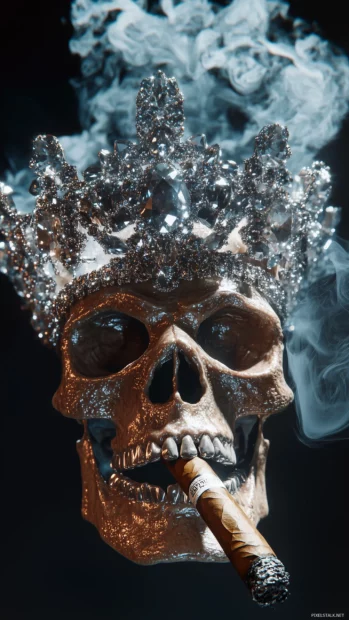 Gangster skull, diamond crown, serious glare, cigar in teeth, curling smoke.