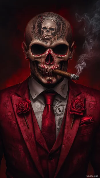 Gangster skull in a suit, smoking a cigar, with rose tattoos and money engravings.