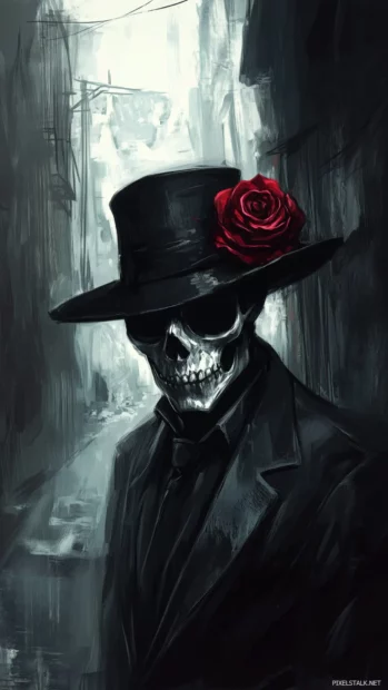 Gangster skull in black and white with a slick suit and rose in the hat, in a dimly lit alleyway.