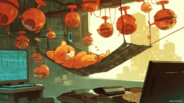 Garfield asleep on a digital hammock surrounded by pizza drones.