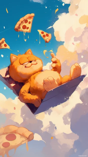 Garfield lounging on a cloud with pizza floating around him.