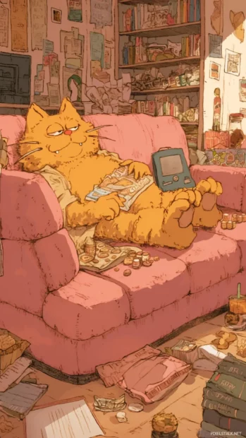 Garfield lounging on a pink couch with snacks scattered around.