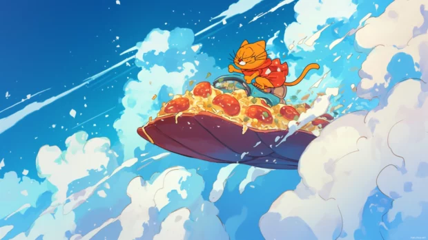 Garfield riding a giant floating lasagna through pizza clouds.