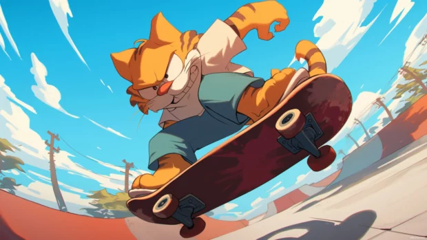 Garfield skateboarding with pizza trail behind him.