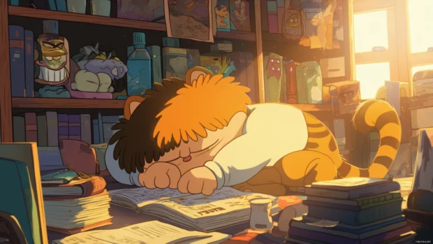 Garfield snoozing on a bookshelf filled with snacks and comics.