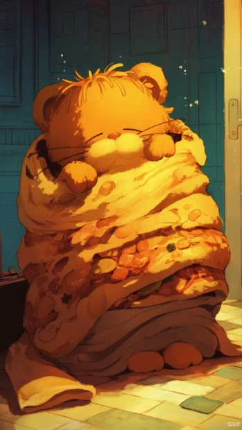 Garfield snuggling under a blanket made of lasagna layers.