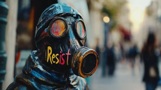 Gas mask on statue tagged with Resist in multicolor paint.