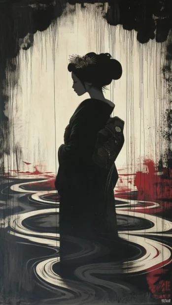 Geishas shadow blending into cascading paint murals.