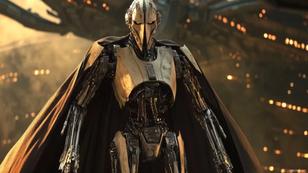 General Grievous with capes flowing in mechanical menace.