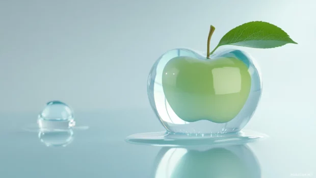 Gentle Apple logo resting within soft misty gradients, elegant desktop look.