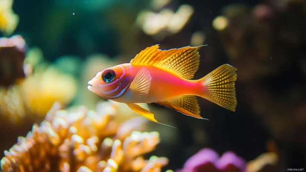 Gentle Moving Animals Wallpapers with glowing fish swimming through a coral reef.