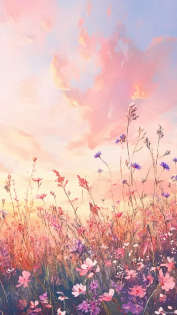 Gentle Pastel Watercolor Illustration Of A Blooming Meadow At Sunrise.