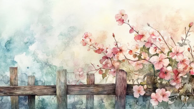 Gentle Watercolor Blossoms Spilling Over A Rustic Fence In Pastel Colors.