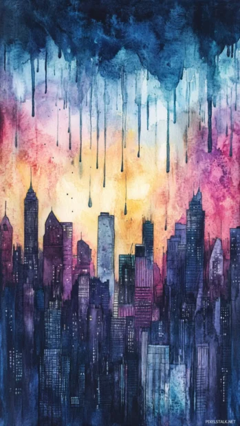 Gentle Watercolor Rain Falling Over A Sleepy Cityscape.