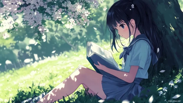 Gentle anime girl reading under a tree, beautiful anime wallpaper for PC.