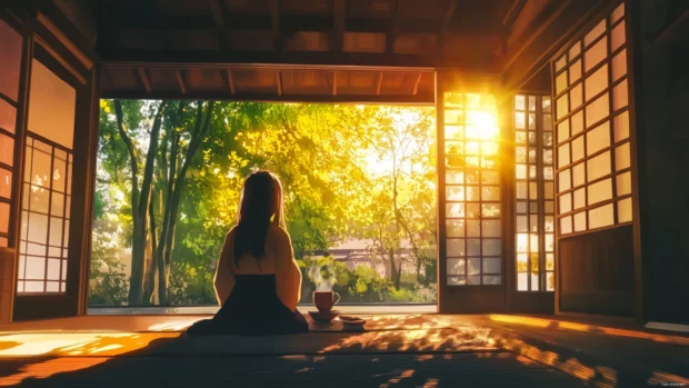 Gentle anime girl sipping tea in a traditional tatami room.
