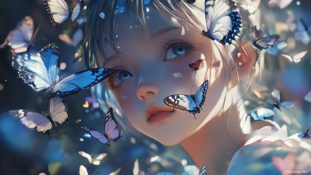 Gentle anime girl surrounded by butterflies.