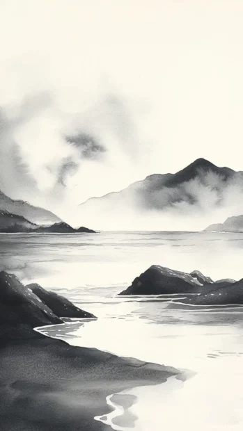 Gentle black and white watercolor waves lapping against a serene shoreline.