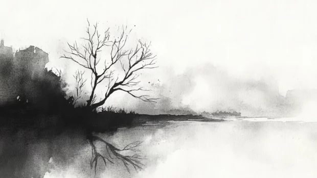 Gentle black ink washes blending into white space, a tranquil watercolor scene.