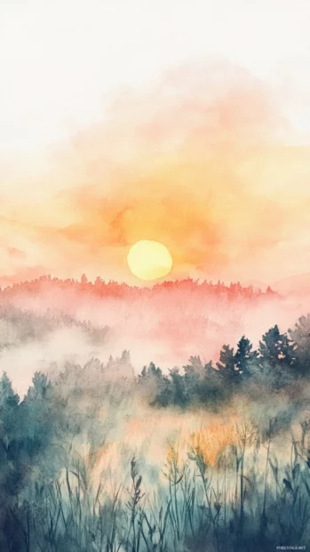 Gentle countryside landscape bathed in Aesthetic Watercolor sunrise, Clean and Elegant style.