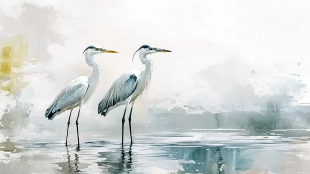 Gentle herons standing in the shallows captured with soft watercolor strokes.