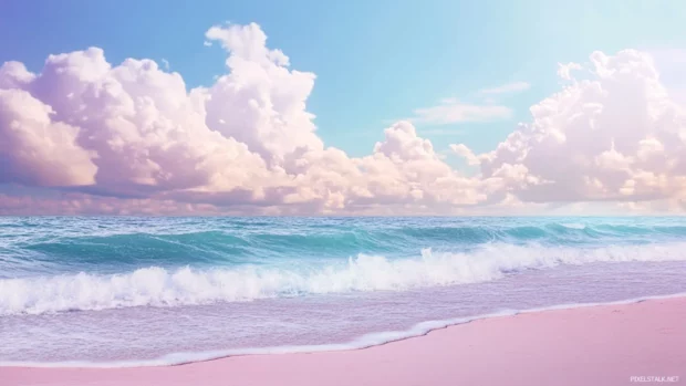 Gentle pastel beach scene with soft waves and light summer clouds.