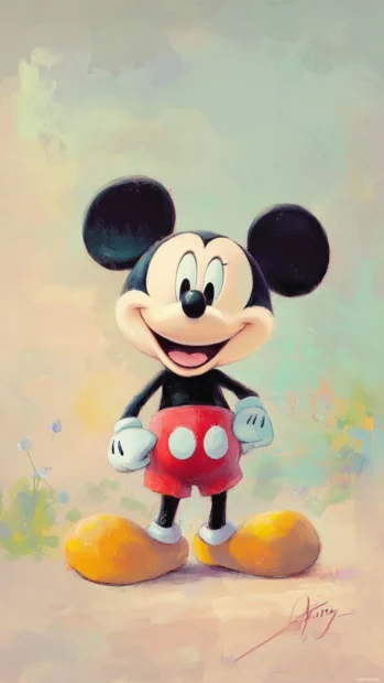 Gentle pastel scene with cute Mickey Mouse smiling, Disney charm in cartoon simplicity.