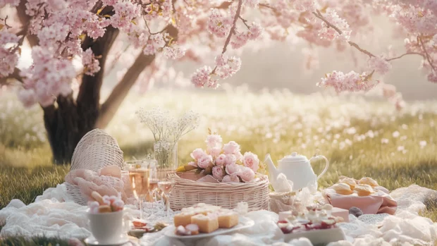 Gentle pastel summer picnic setup under a blooming cherry tree, soft aesthetic.