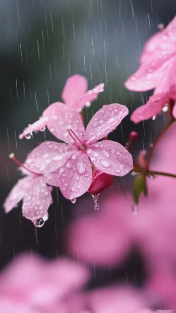 Gentle rain falling over Pretty Flower petals.