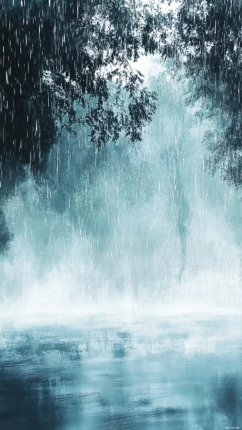 Gentle rain streaks flow down the lock screen, blending cool blues and soft greys in an abstract style.