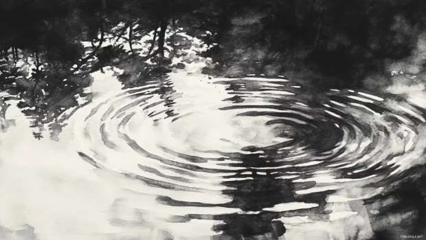 Gentle ripples on a pond illustrated with subtle black and white watercolor washes.