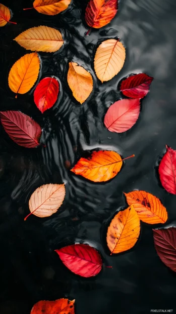 Gentle ripples spreading from a delicate arrangement of vibrant autumn leaves floating on a serene pond.