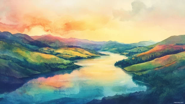 Gentle river bends through vibrant hills forming an elegant watercolor Macbook wallpaper.