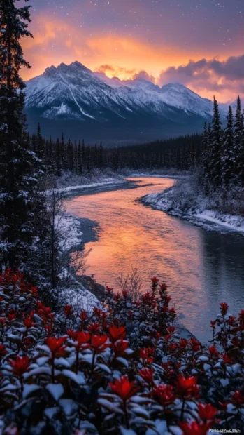 Gentle rivers curling beneath dusty star belts, framing the elegance of moody aesthetic starry sky.