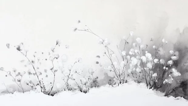 Gentle snowfall depicted through soft gray watercolor washes on white.