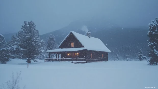 Gentle snowfall drifting over a cozy winter cabin.