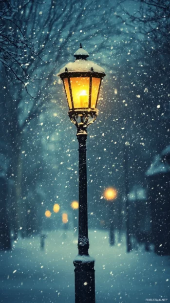 Gentle snowfall drifting past a glowing streetlamp.