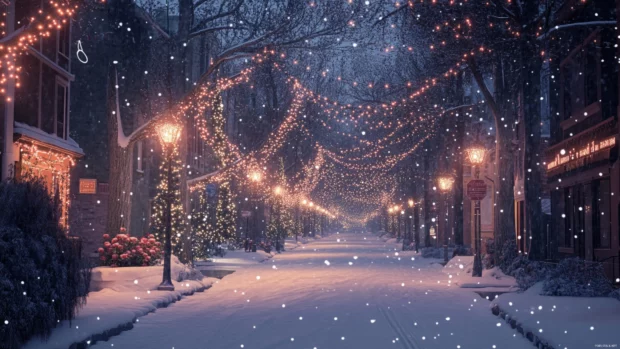 Gentle snowfall on a quiet girly street lined with fairy lights.