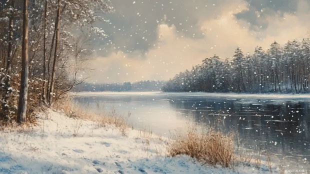 Gentle snowfall on a quiet lake.