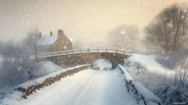 Gentle snowfall over a quiet rural bridge, soft color tones for seasonal Nature PC Wallpapers charm.