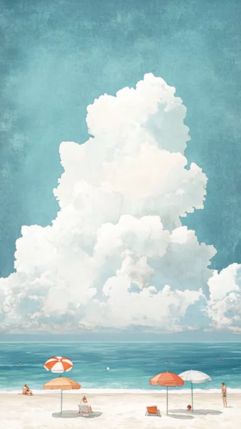 Gentle summer mood with airy clouds, pale blue oceans, and cute hand drawn beach umbrellas adding charm.