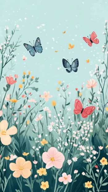 Gentle summertime garden with soft butterflies and small floral details.