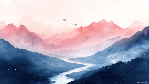 Gentle watercolor landscape with mountains and a winding river flowing below, beautiful desktop wallpaper.